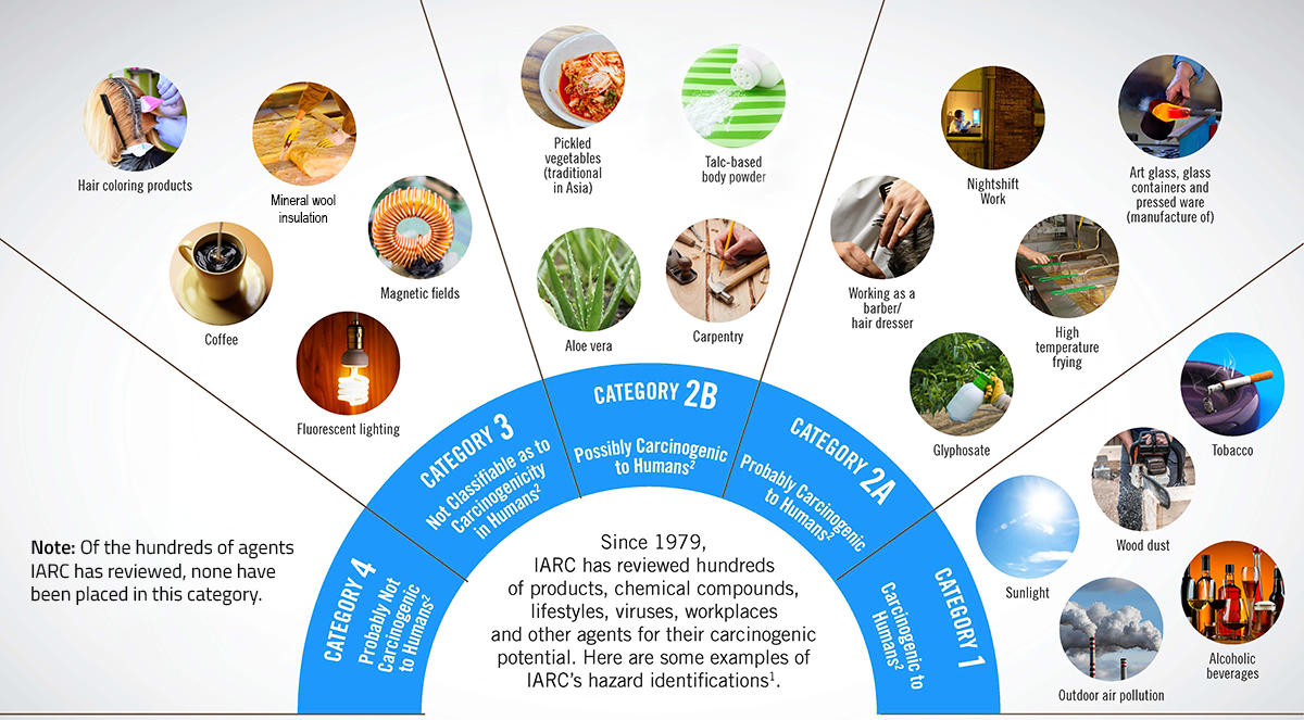 A chart showing the carcinogen category of common items