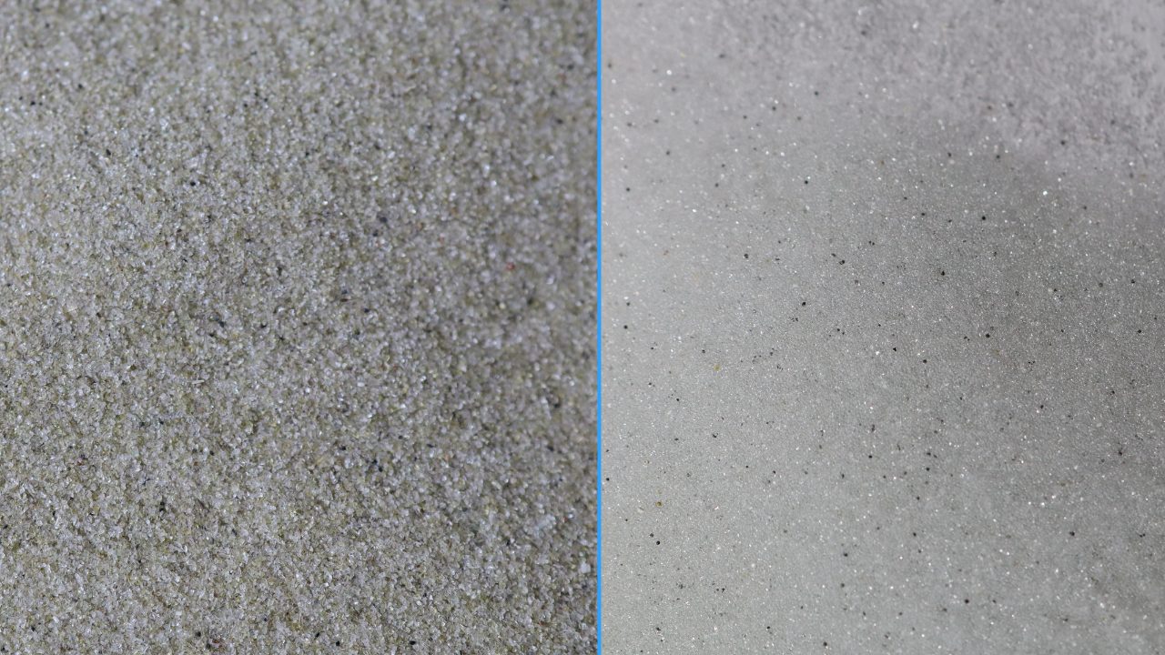 A zoomed in look at crushed glass next to glass beads