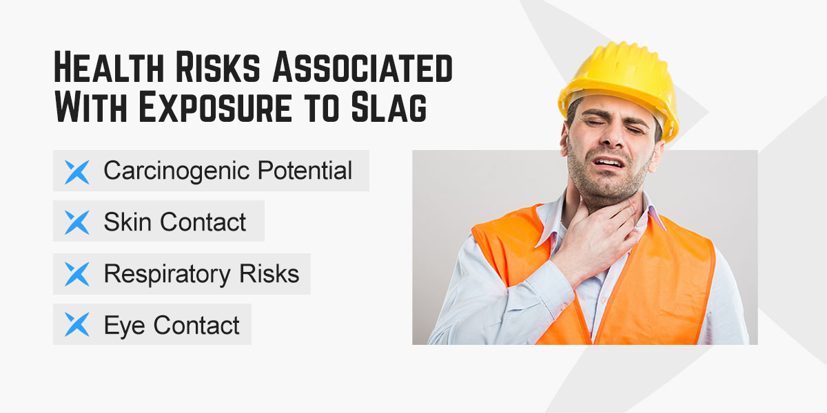 Health risks associated with exposure to slag include carcinogenic potential, skin contact, respiratory risks, eye contact