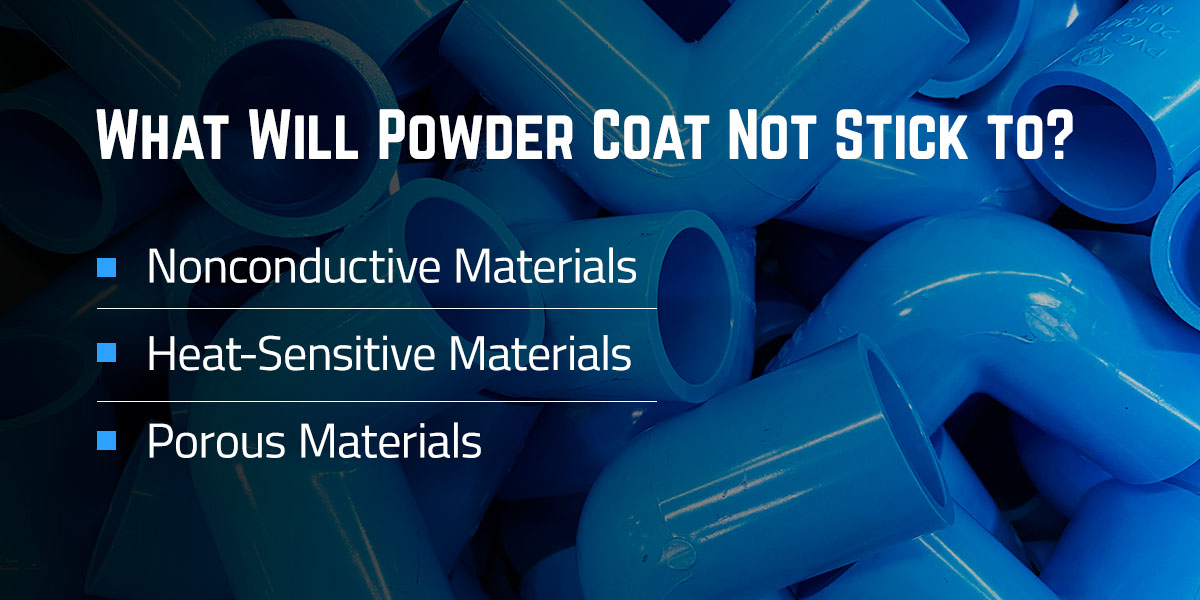 Powder coat will not stick to nonconductive materials, heat-sensitive materials, and porous materials