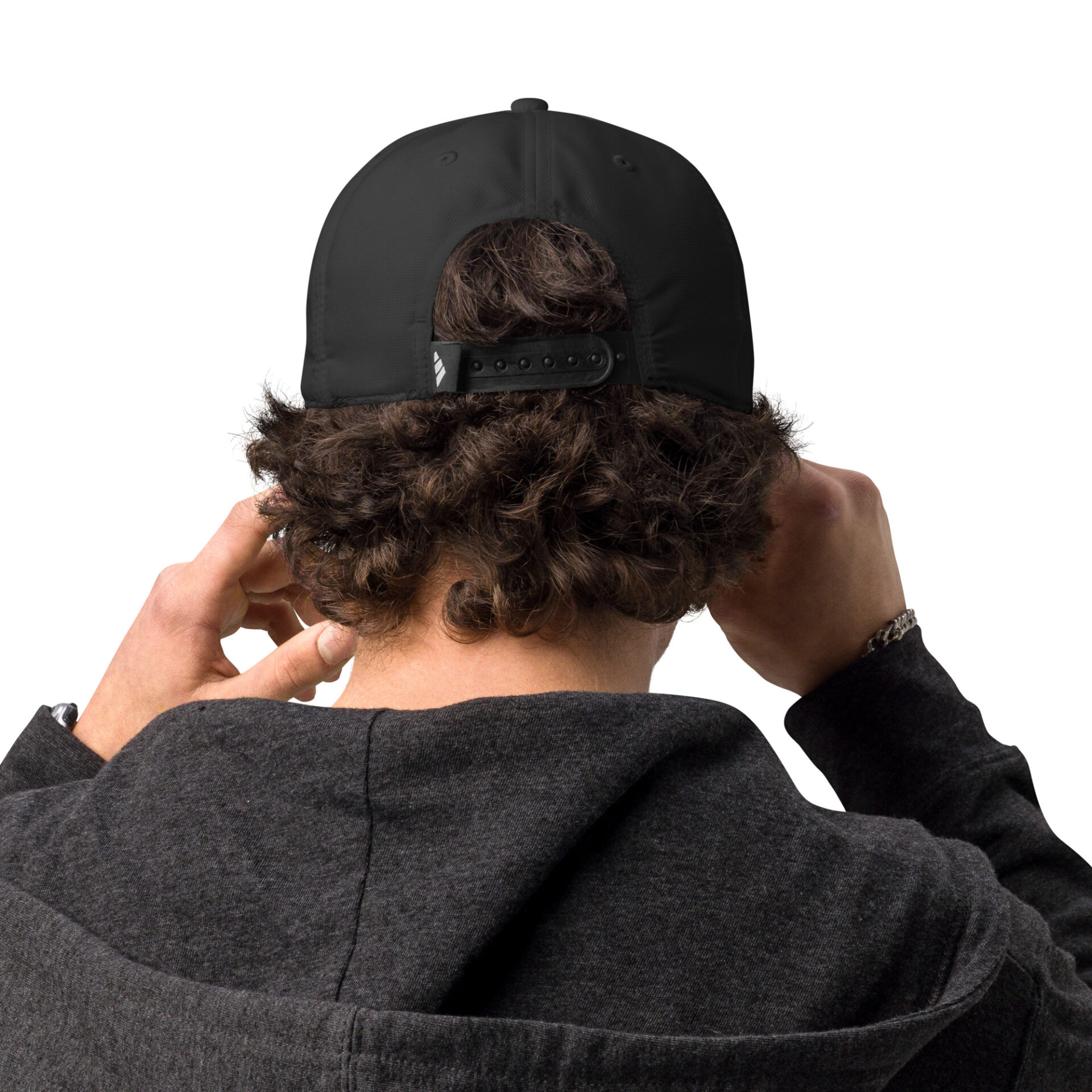 the back of a man wearing a black hat