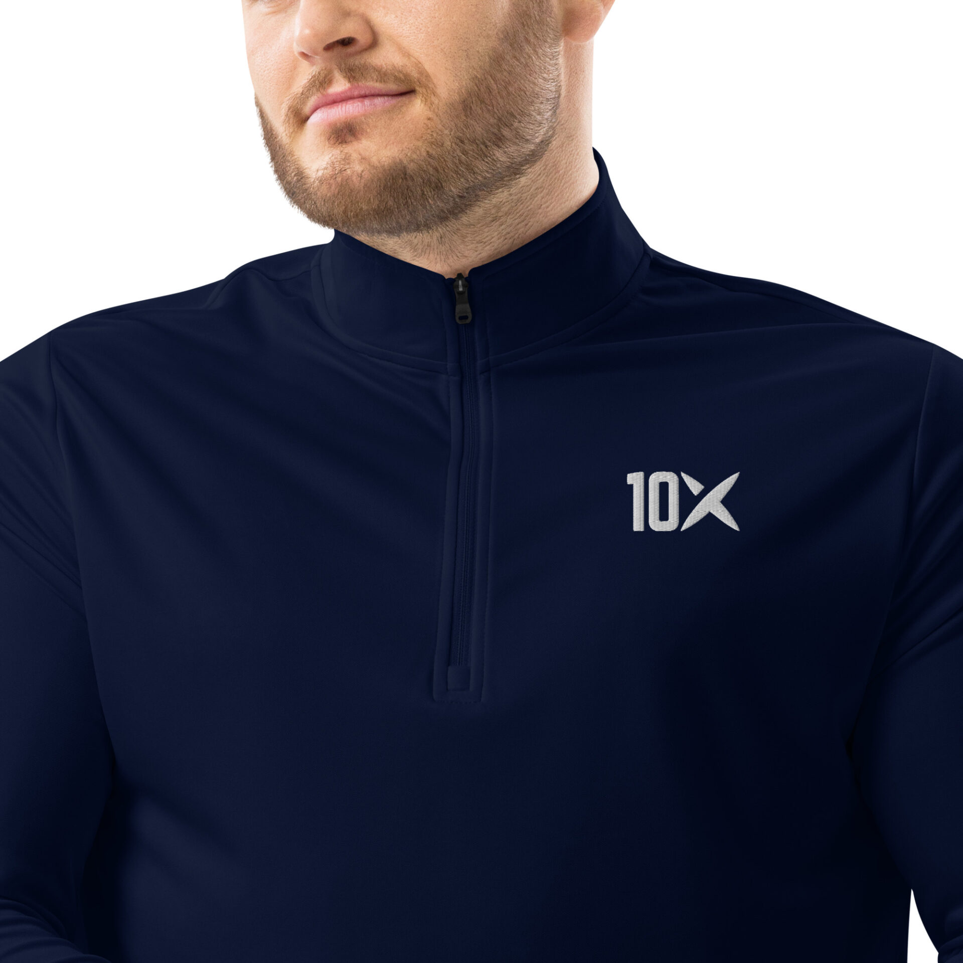 A close up of a 3/4 zip shirt with the 10X logo on it