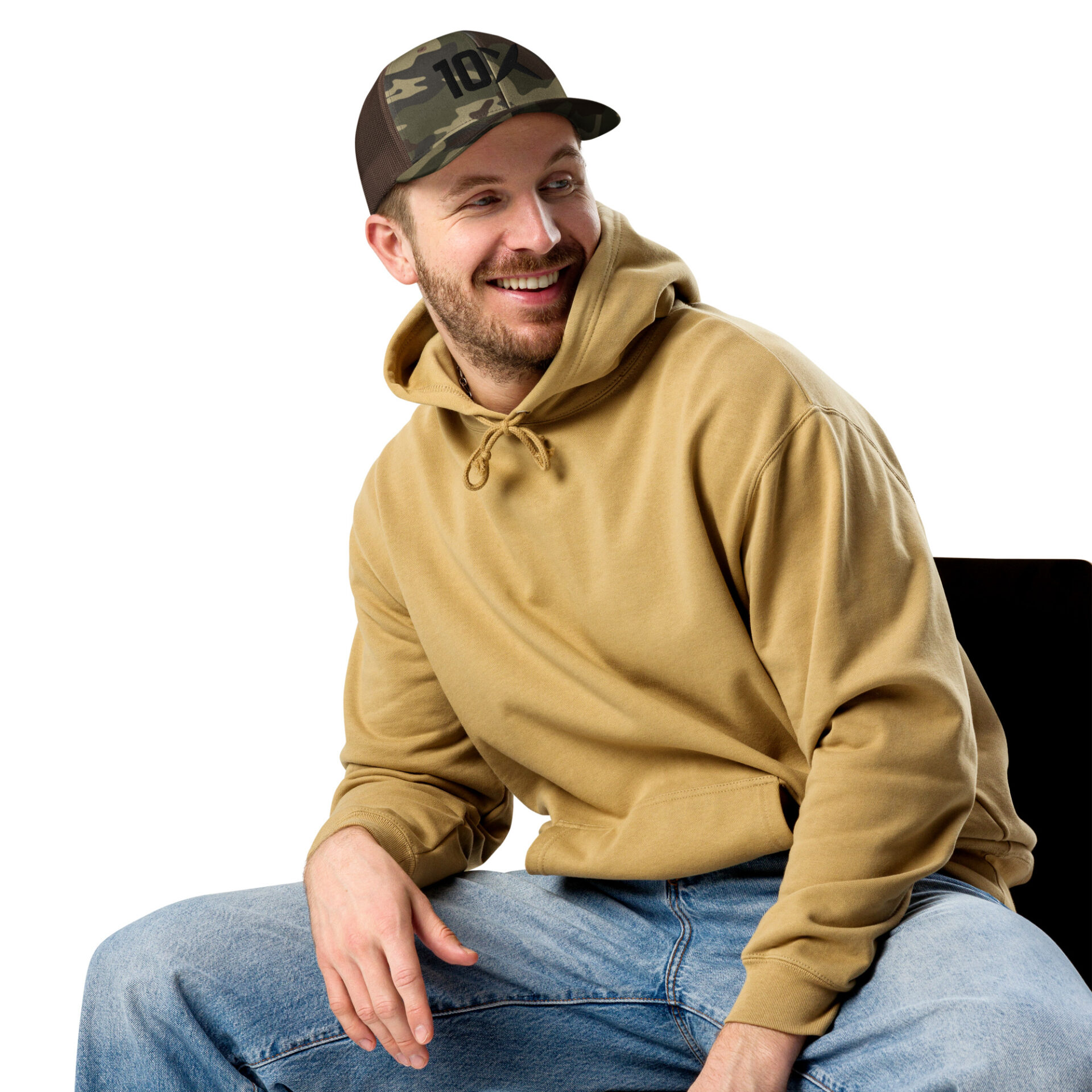 a man wearing a camo hat with a black 10X logo on it