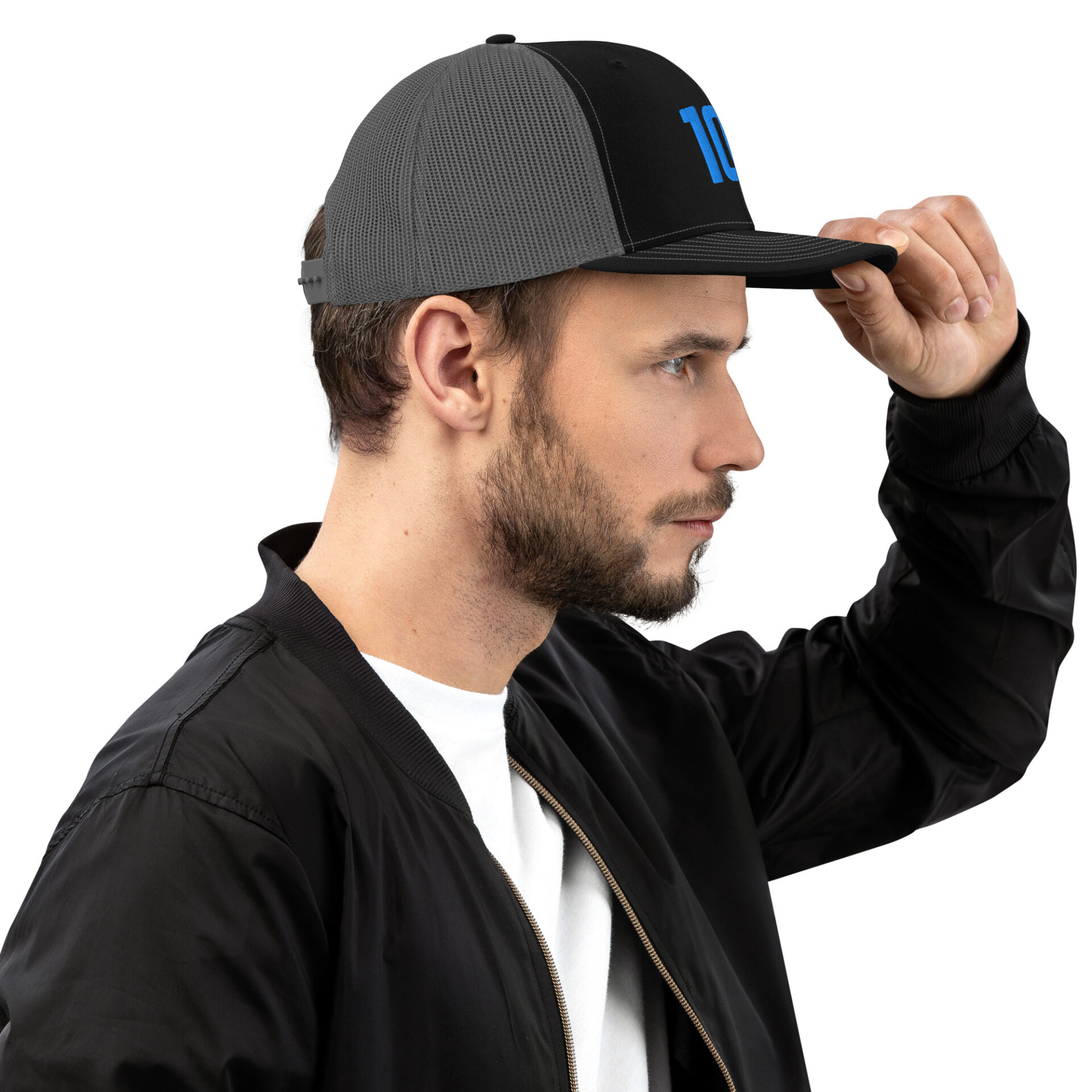 a man wearing a black and grey baseball cap with the 10X logo on it in blue