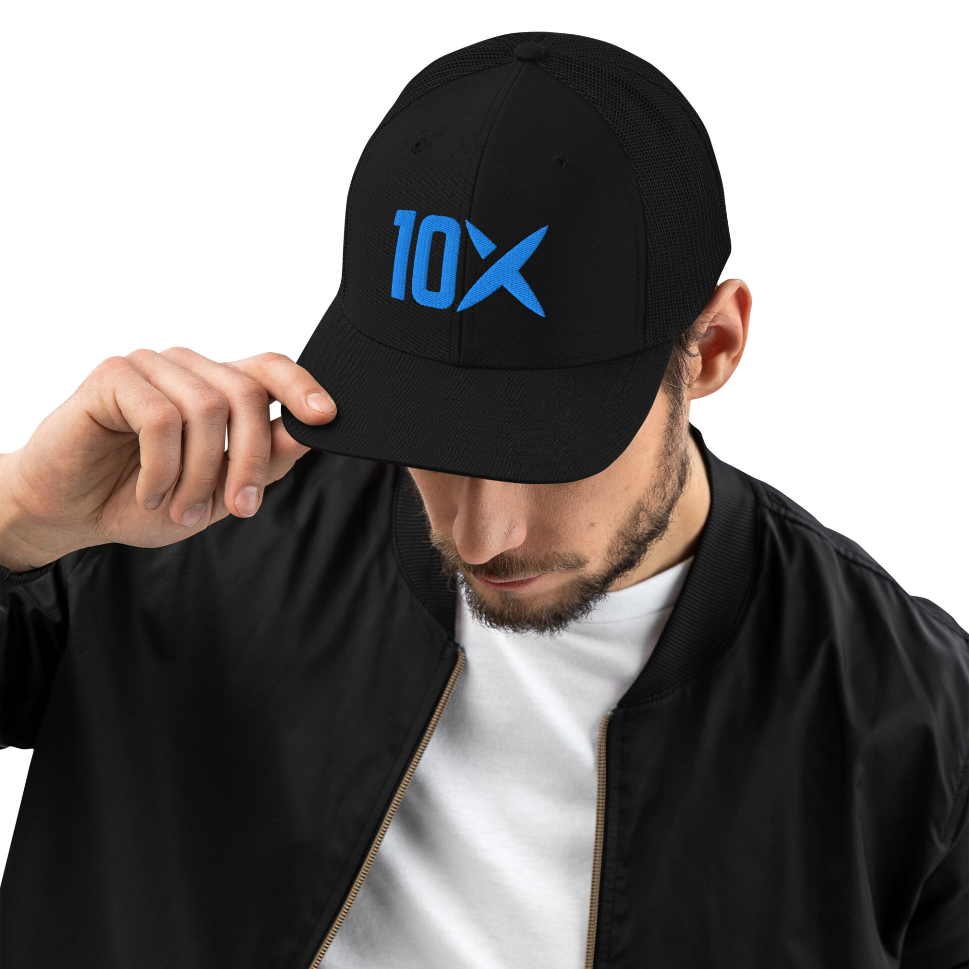 a man wearing a black hat that has the 10X logo on it in blue