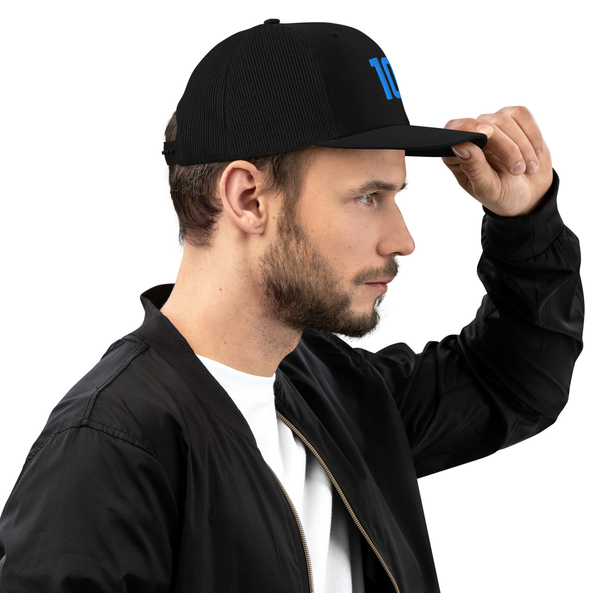a man wearing a black hat that has the 10X logo on it in blue