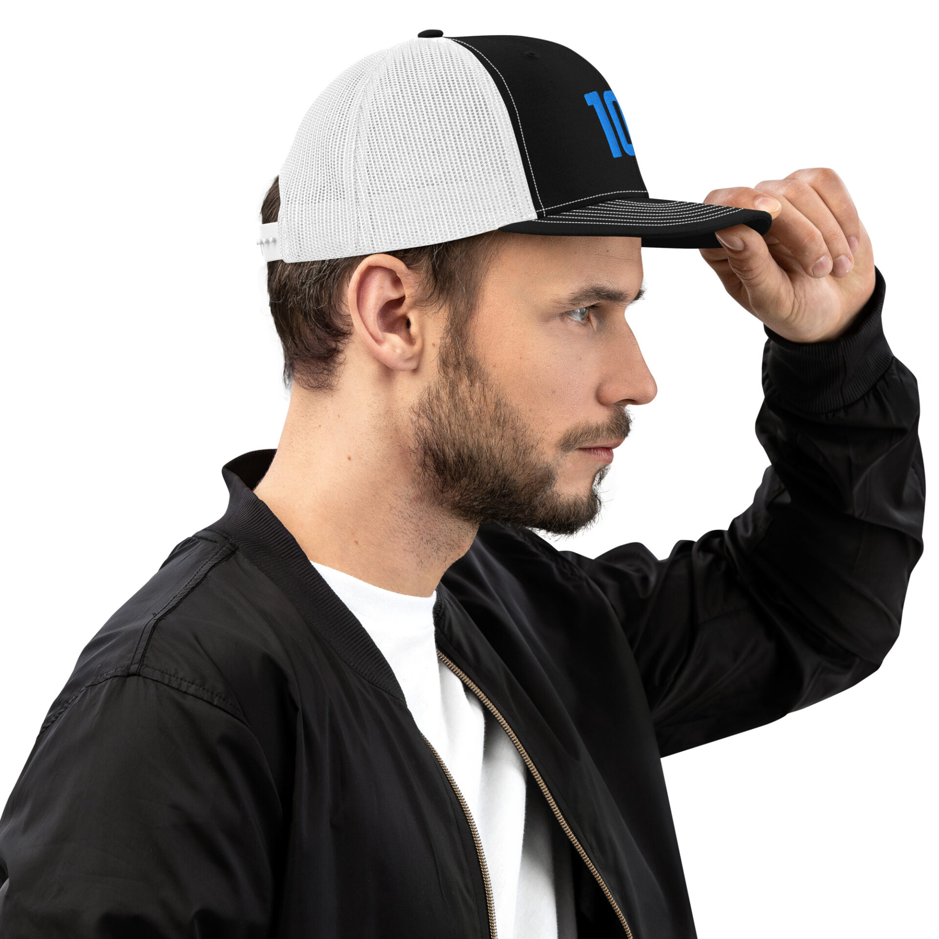 a man wearing a black and white hat with the 10X logo on it