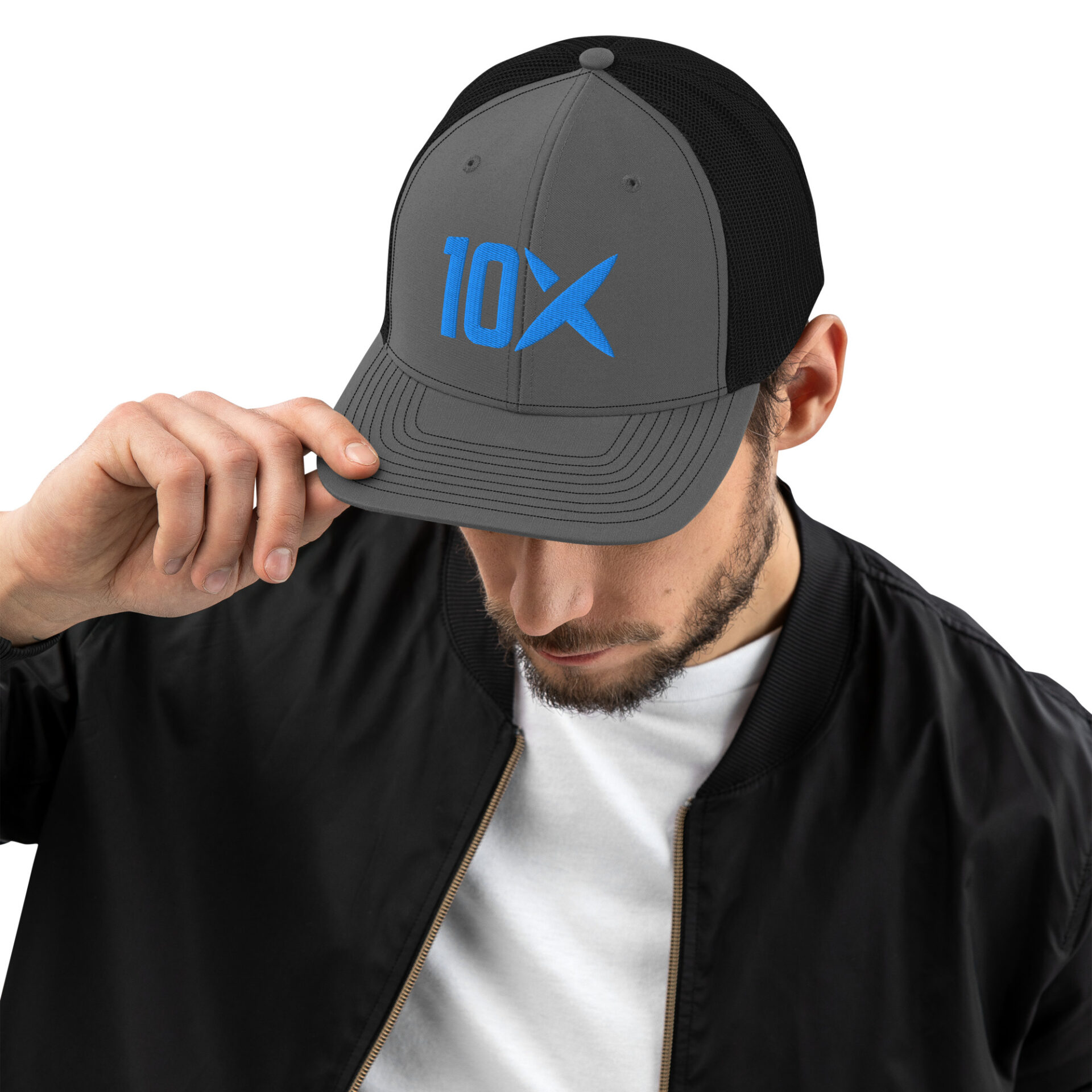 a man wearing a black and grey baseball cap with the 10X logo on it in blue