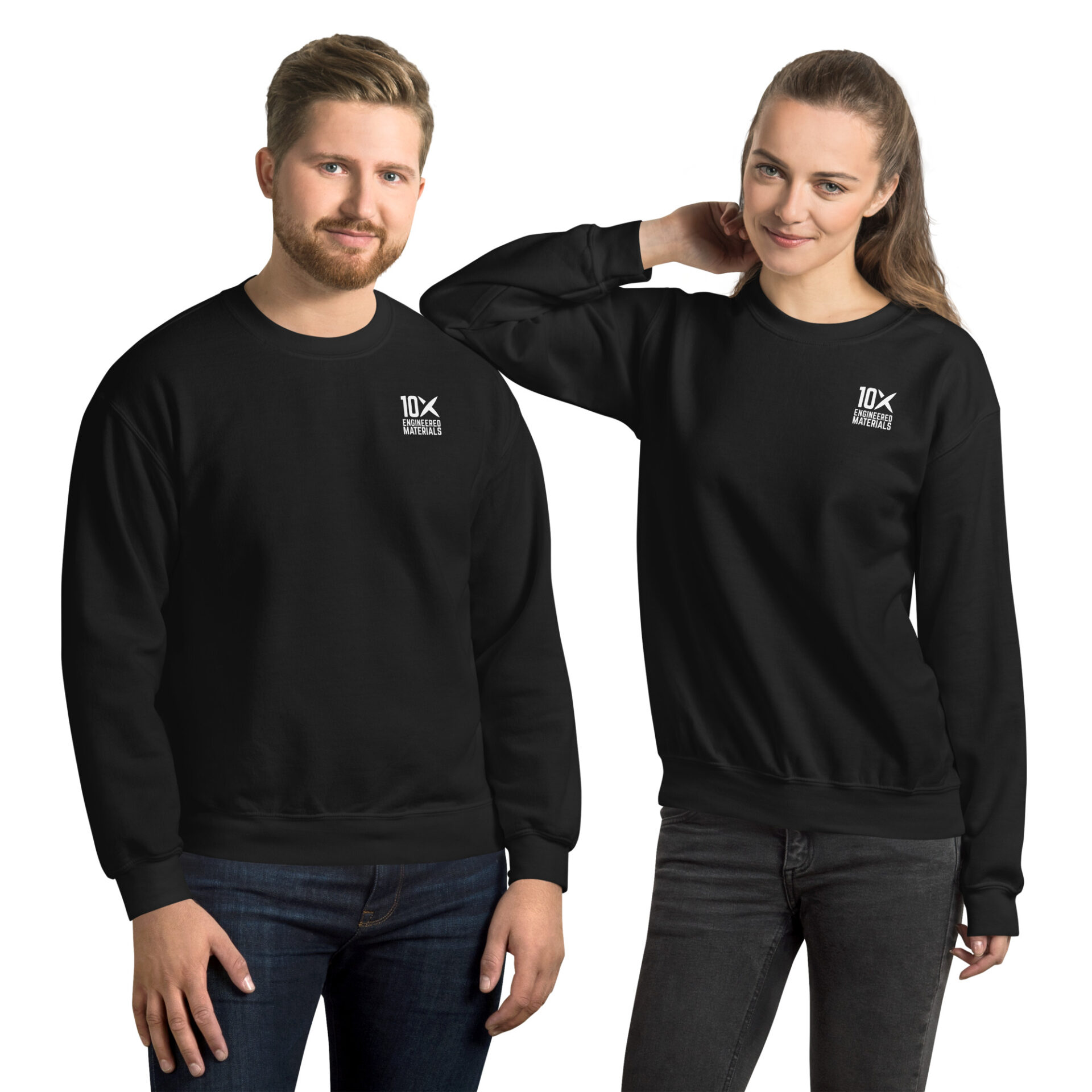 a man and a woman wearing black sweatshirts that have the 10X Engineered Materials logo on them