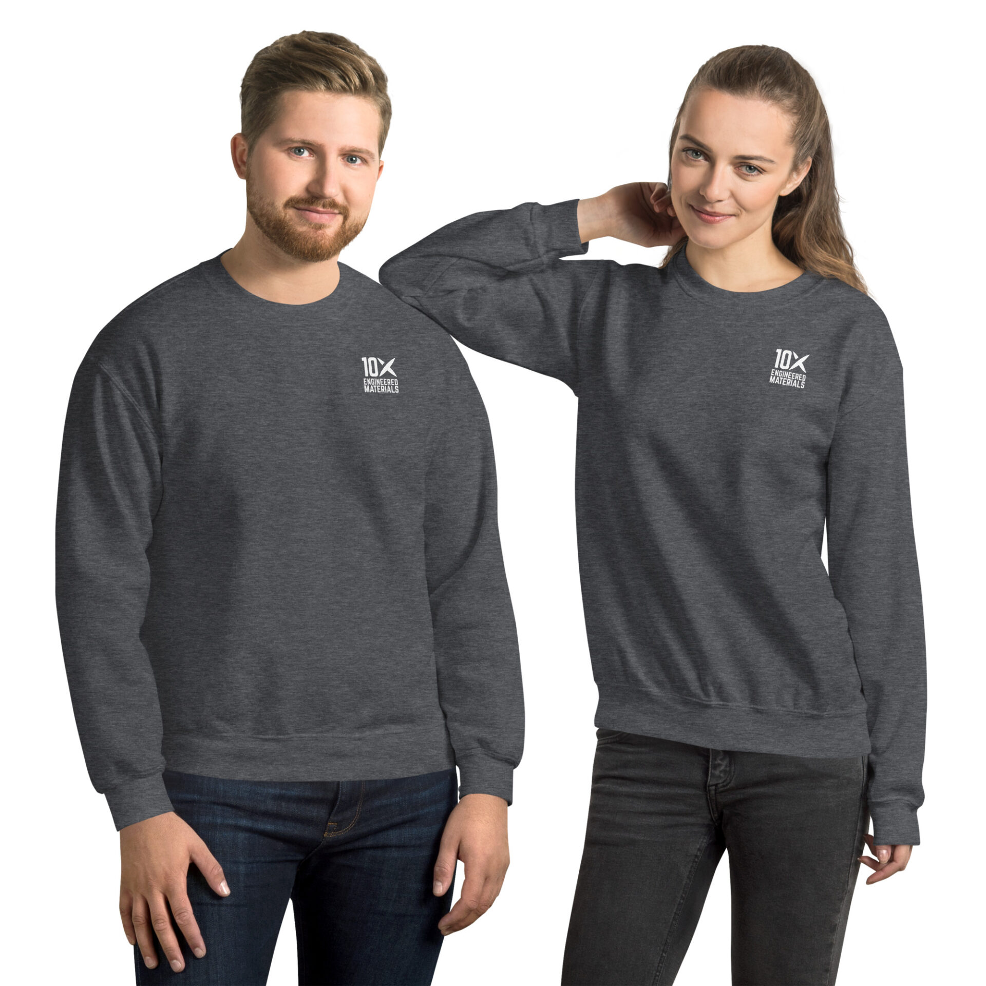 a man and a woman wearing dark heather sweatshirts that have the 10X Engineered Materials logo on them