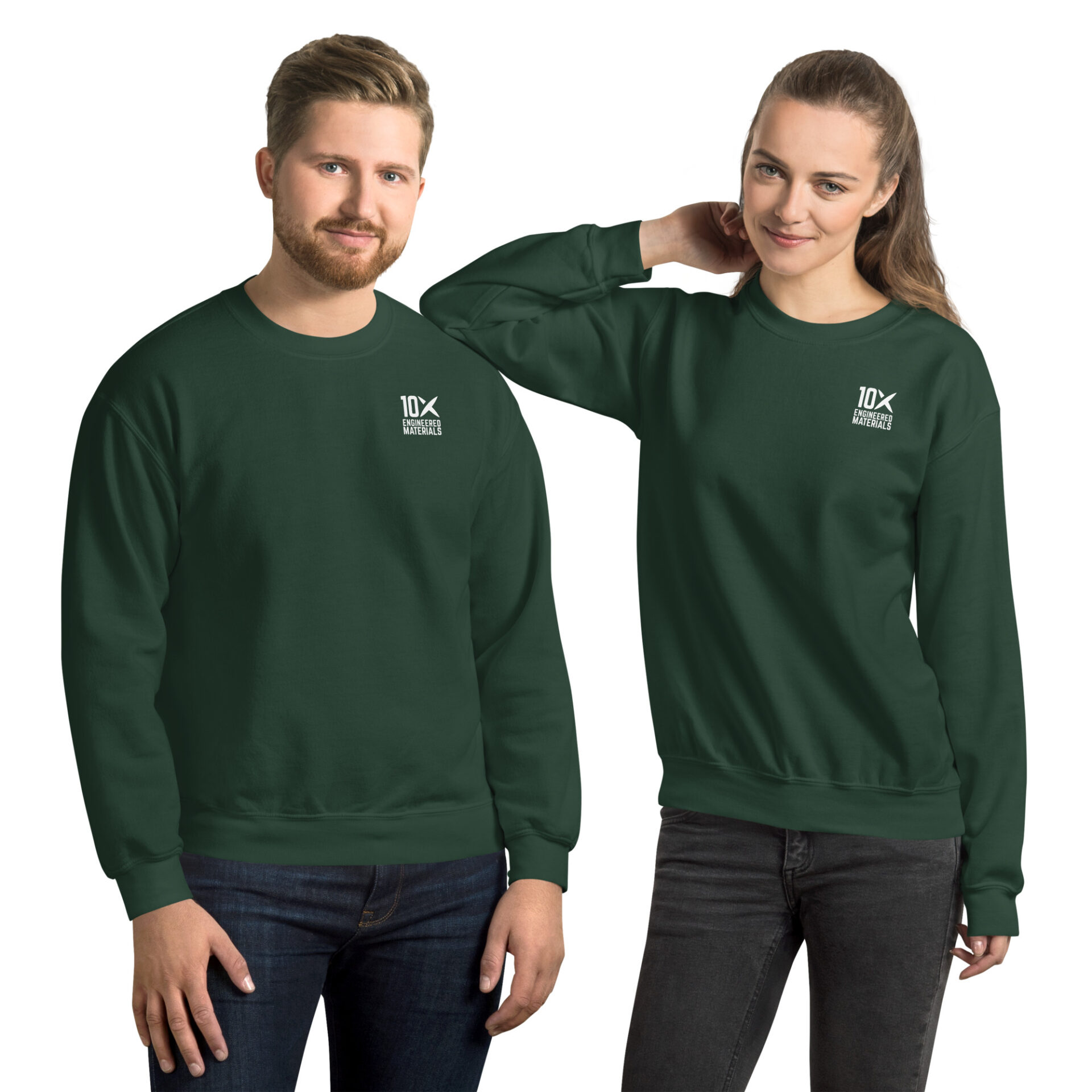 a man and a woman wearing green sweatshirts that have the 10X Engineered Materials logo on them