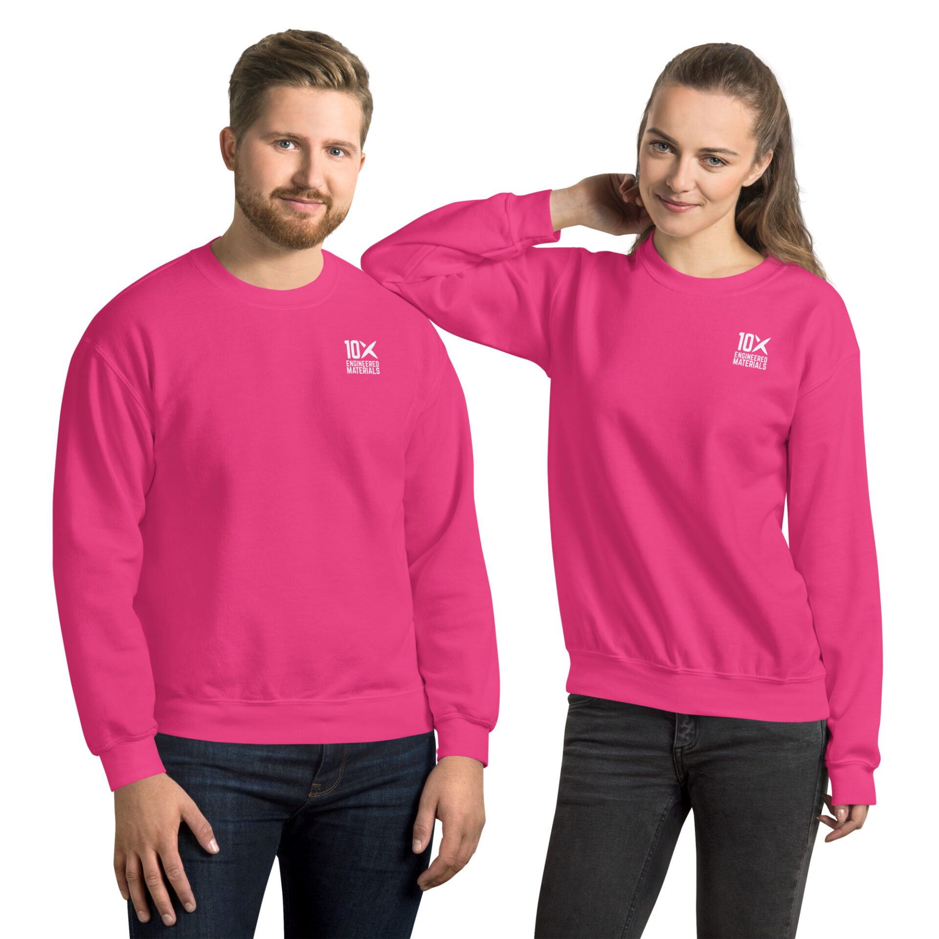 a man and a woman wearing hot pink sweatshirts that have the 10X Engineered Materials logo on them