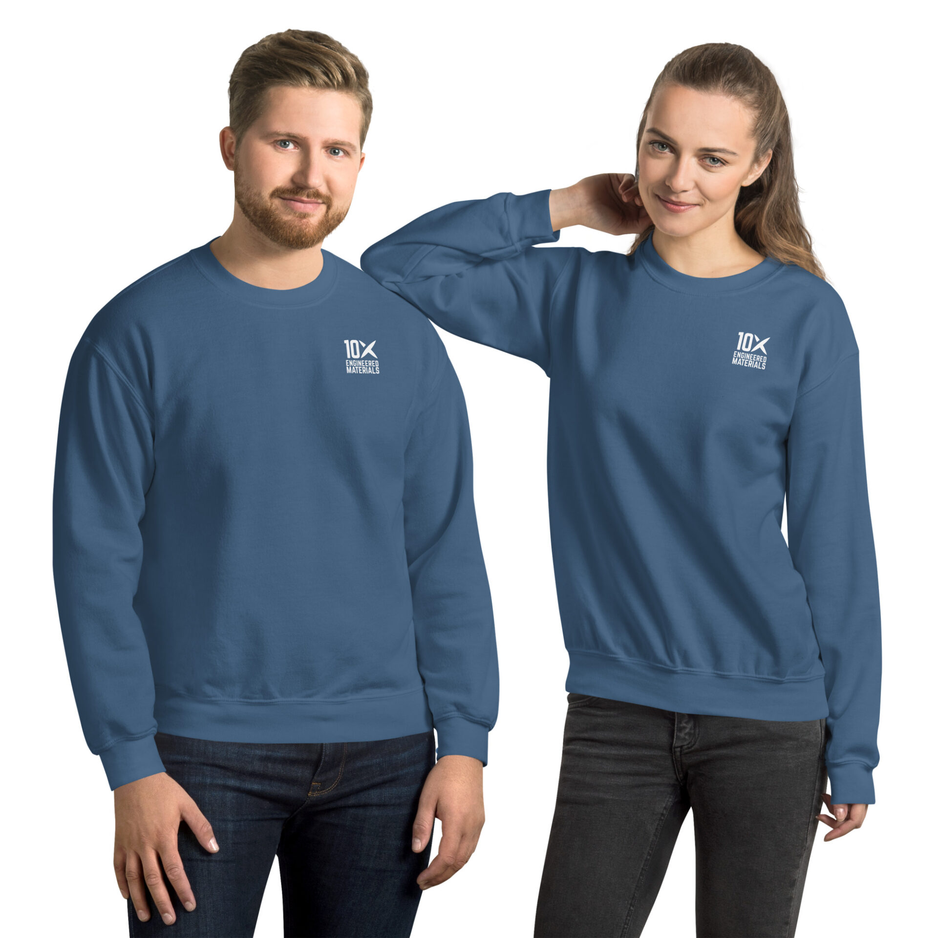 a man and a woman wearing blue sweatshirts that have the 10X Engineered Materials logo on them
