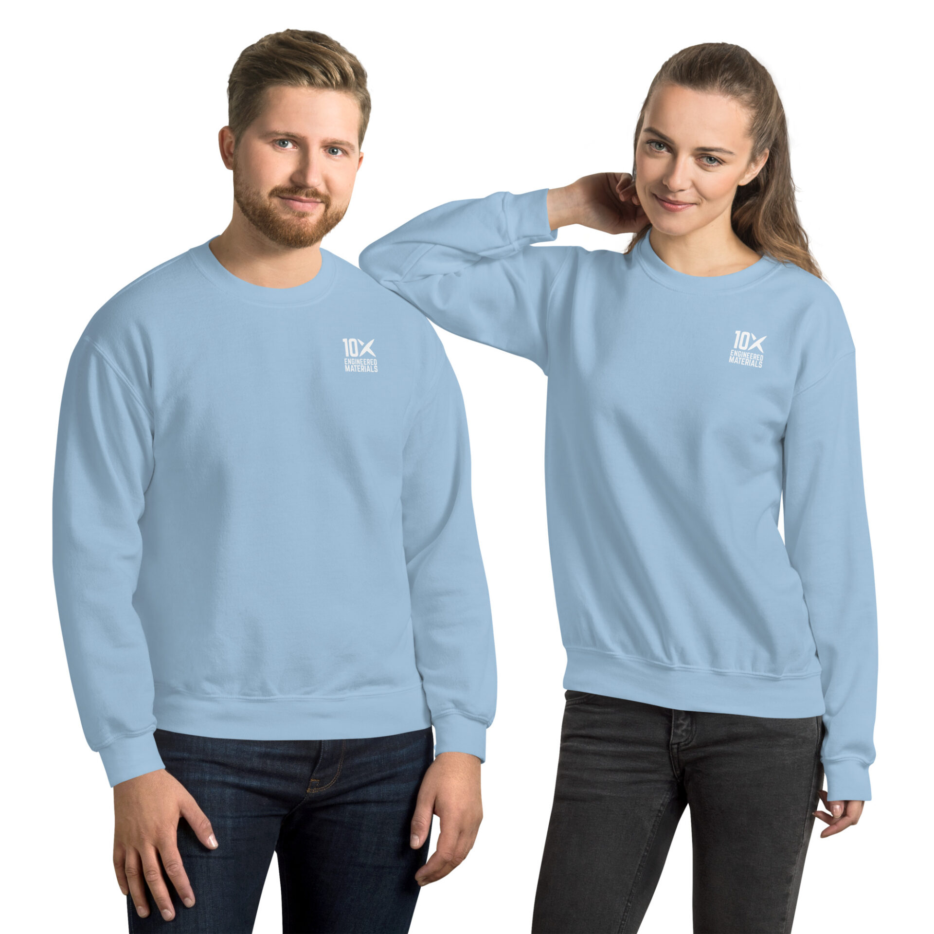 a man and a woman wearing light blue sweatshirts that have the 10X Engineered Materials logo on them