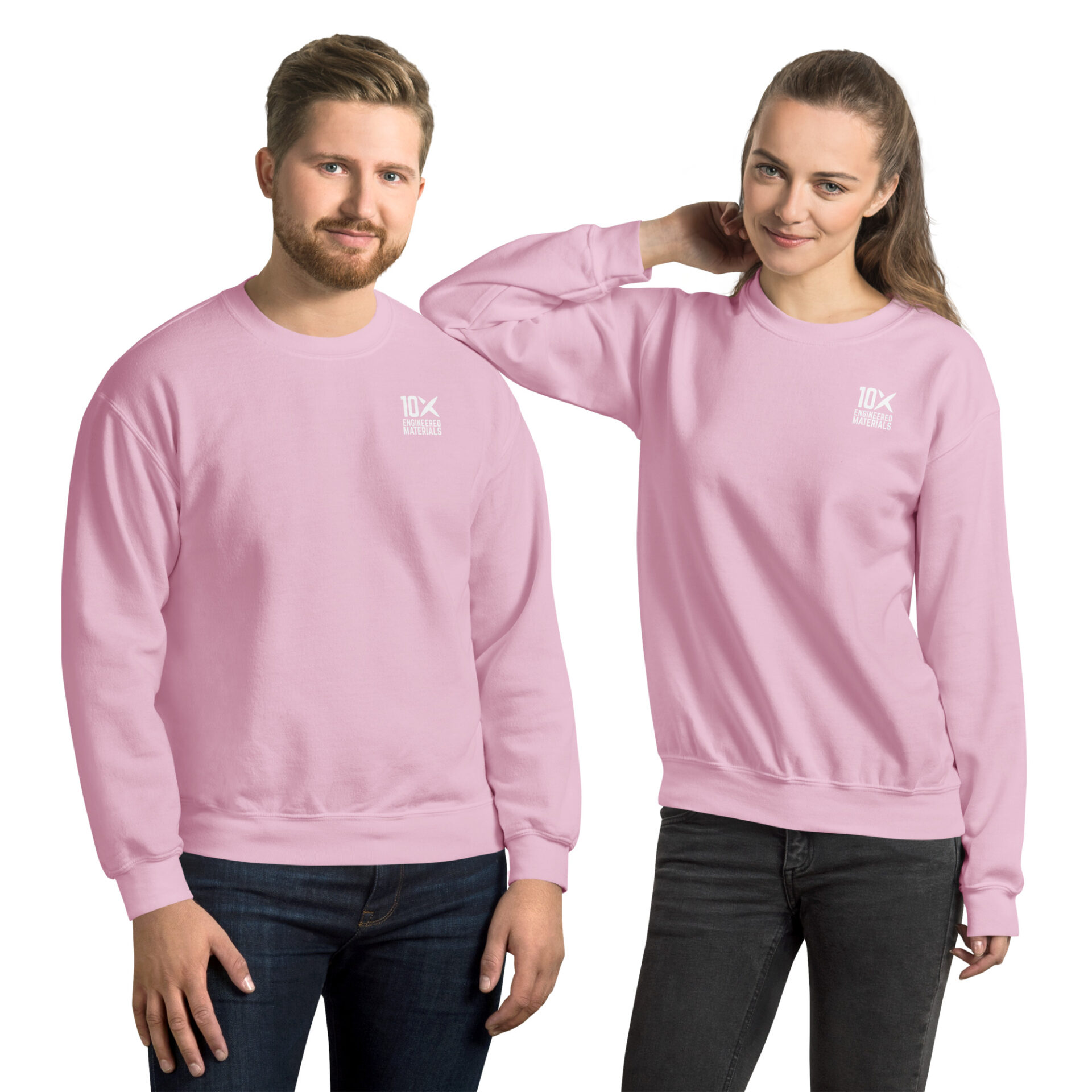 a man and a woman wearing pink sweatshirts that have the 10X Engineered Materials logo on them