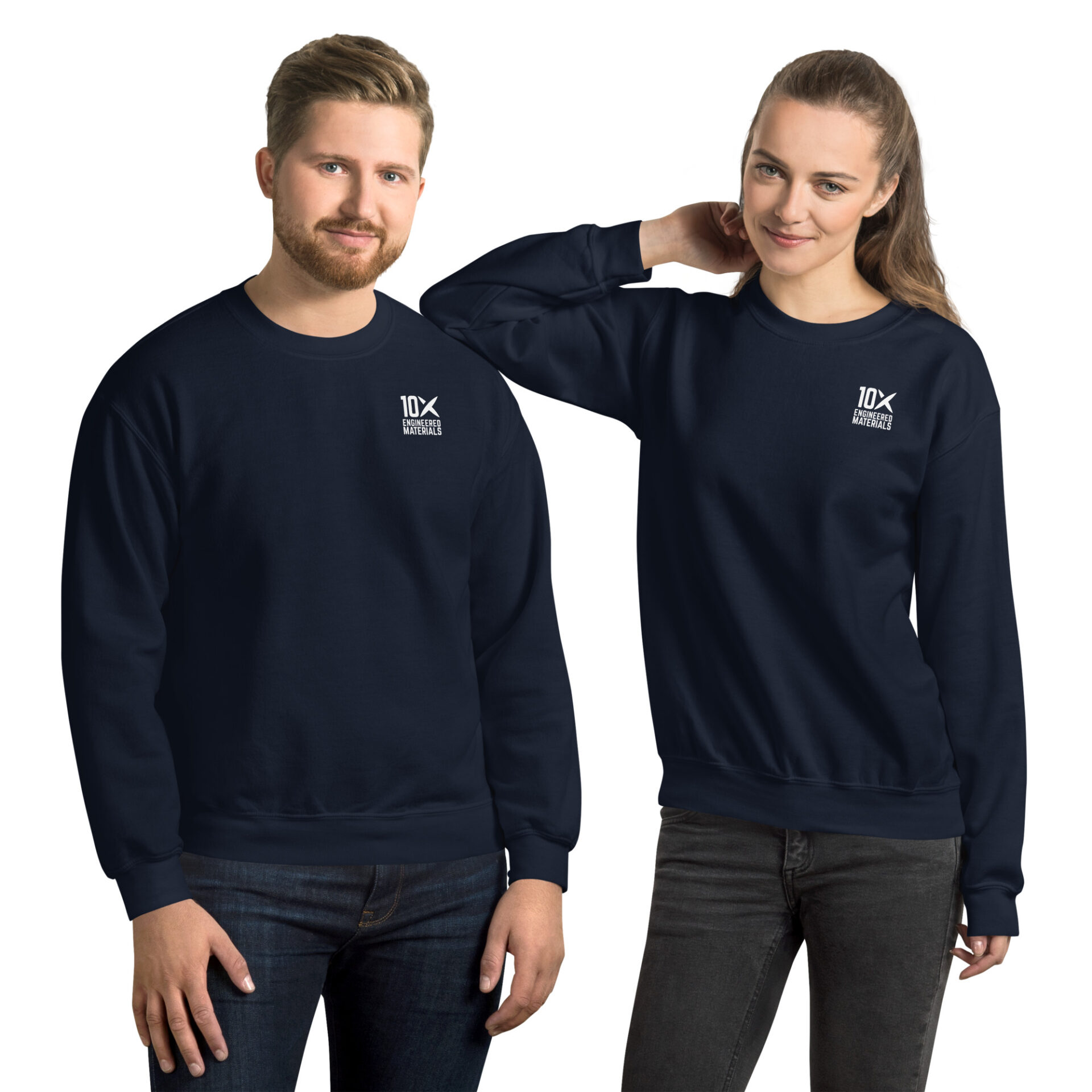 a man and a woman wearing navy blue sweatshirts that have the 10X Engineered Materials logo on them