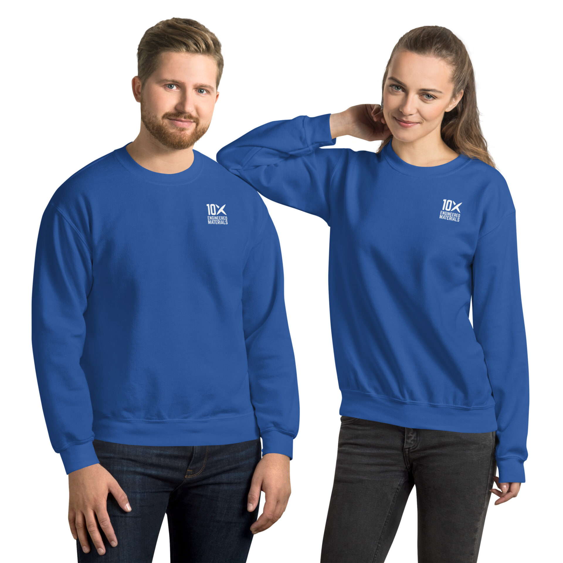 a man and a woman wearing royal blue sweatshirts that have the 10X Engineered Materials logo on them