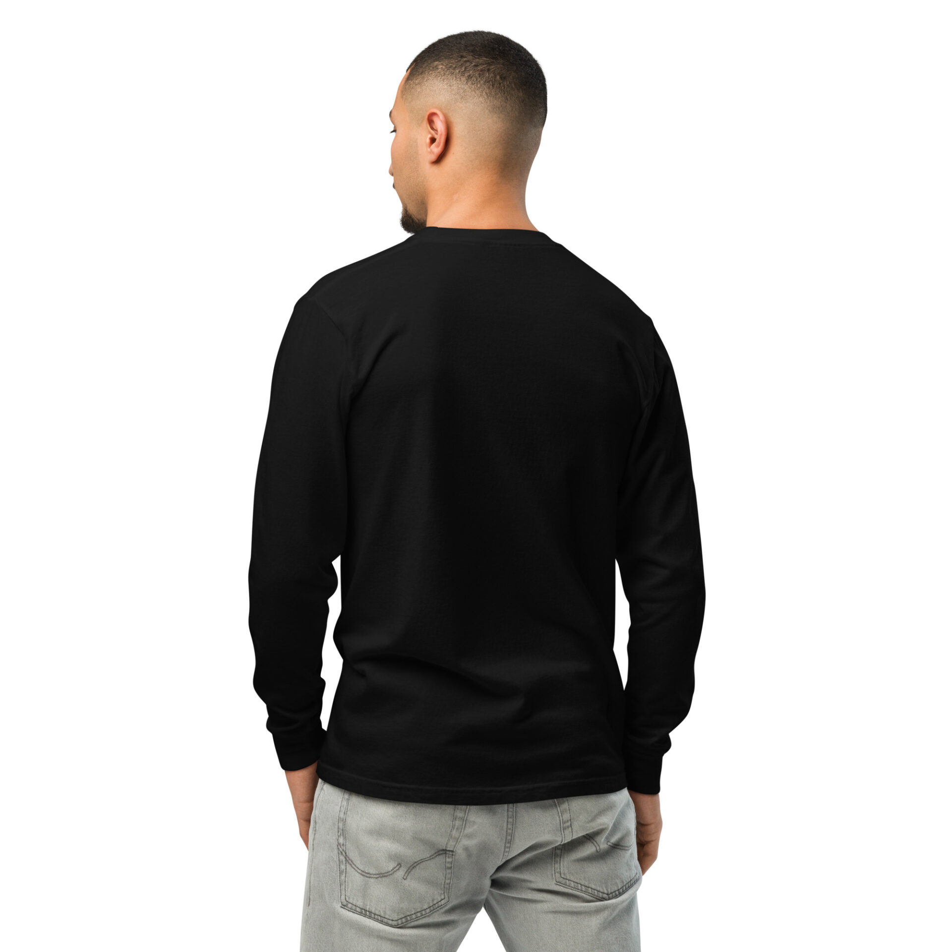 the back of a man wearing a black long sleeve shirt