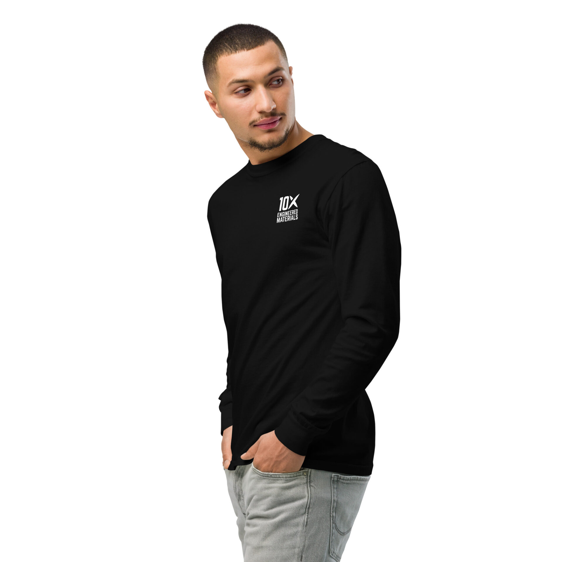 a man wearing a black long sleeve shirt that has the 10X Engineered Materials logo on it in white