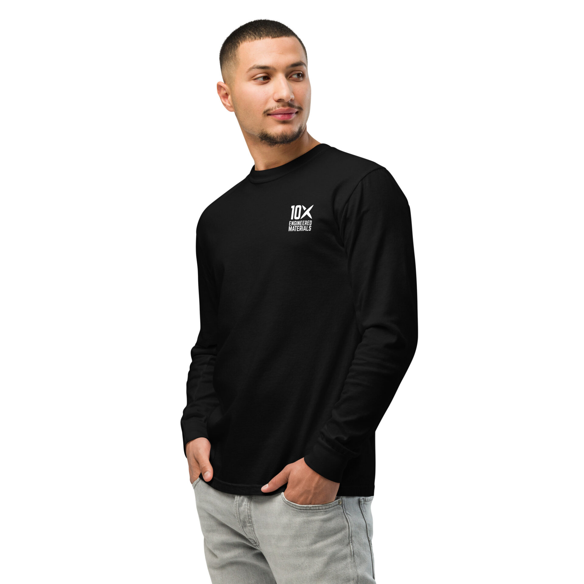 a man wearing a black long sleeve shirt that has the 10X Engineered Materials logo on it in white