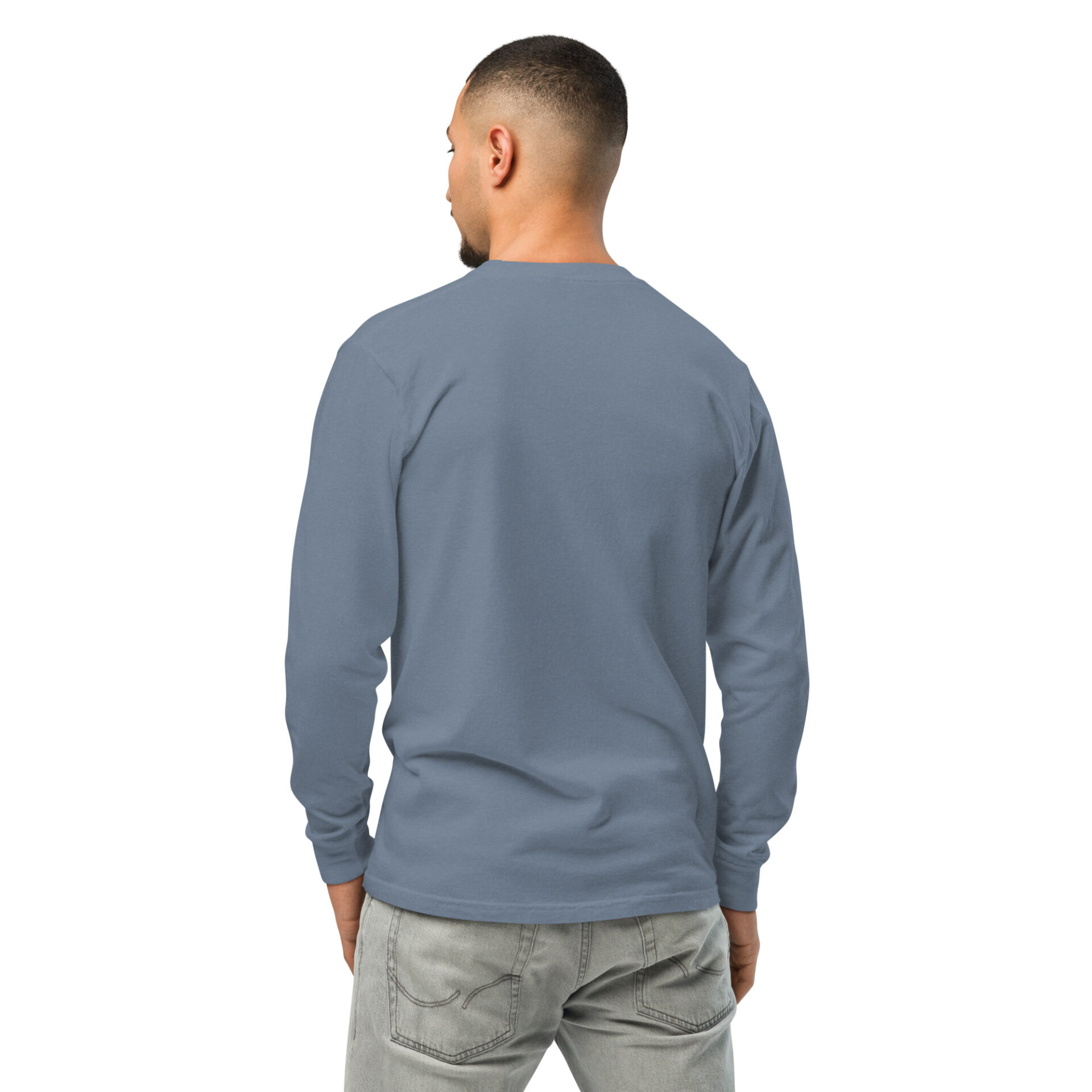 the back of a man wearing a blue long sleeve shirt