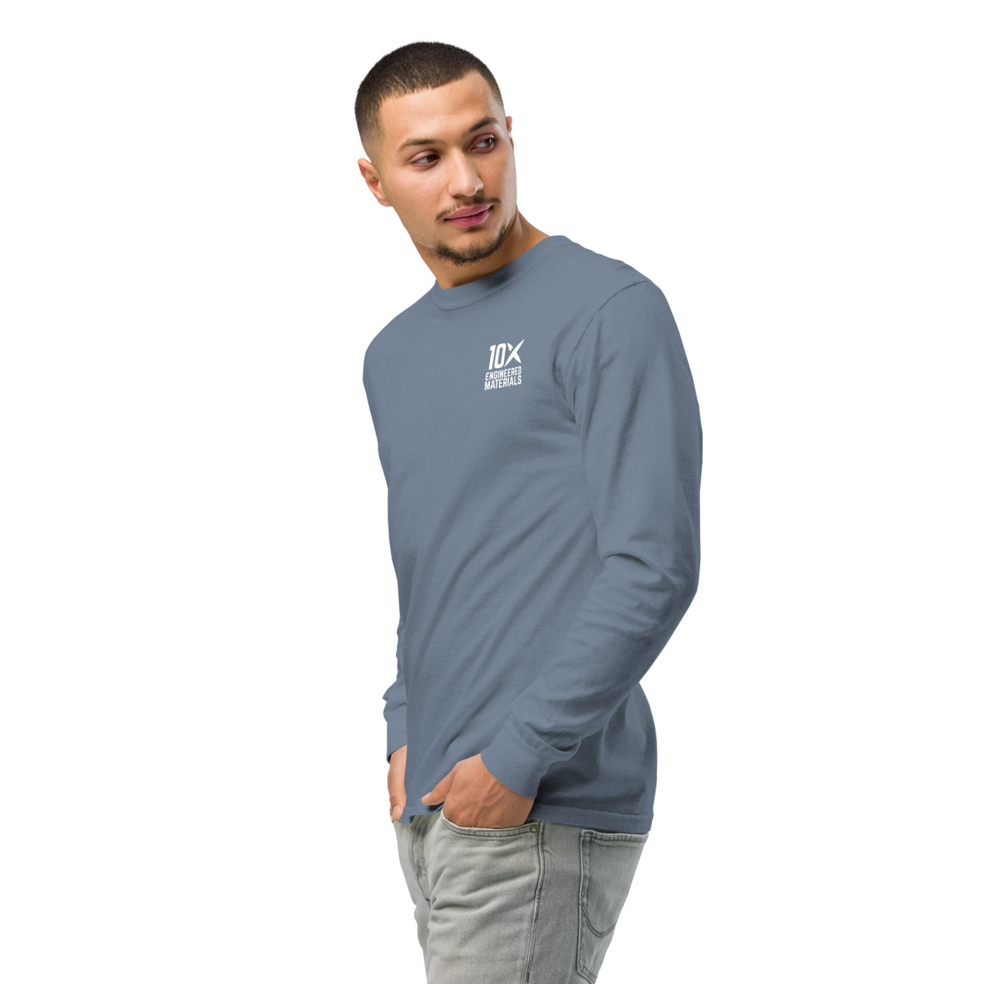 a man wearing a blue long sleeve shirt that has the 10X Engineered Materials logo on it in white