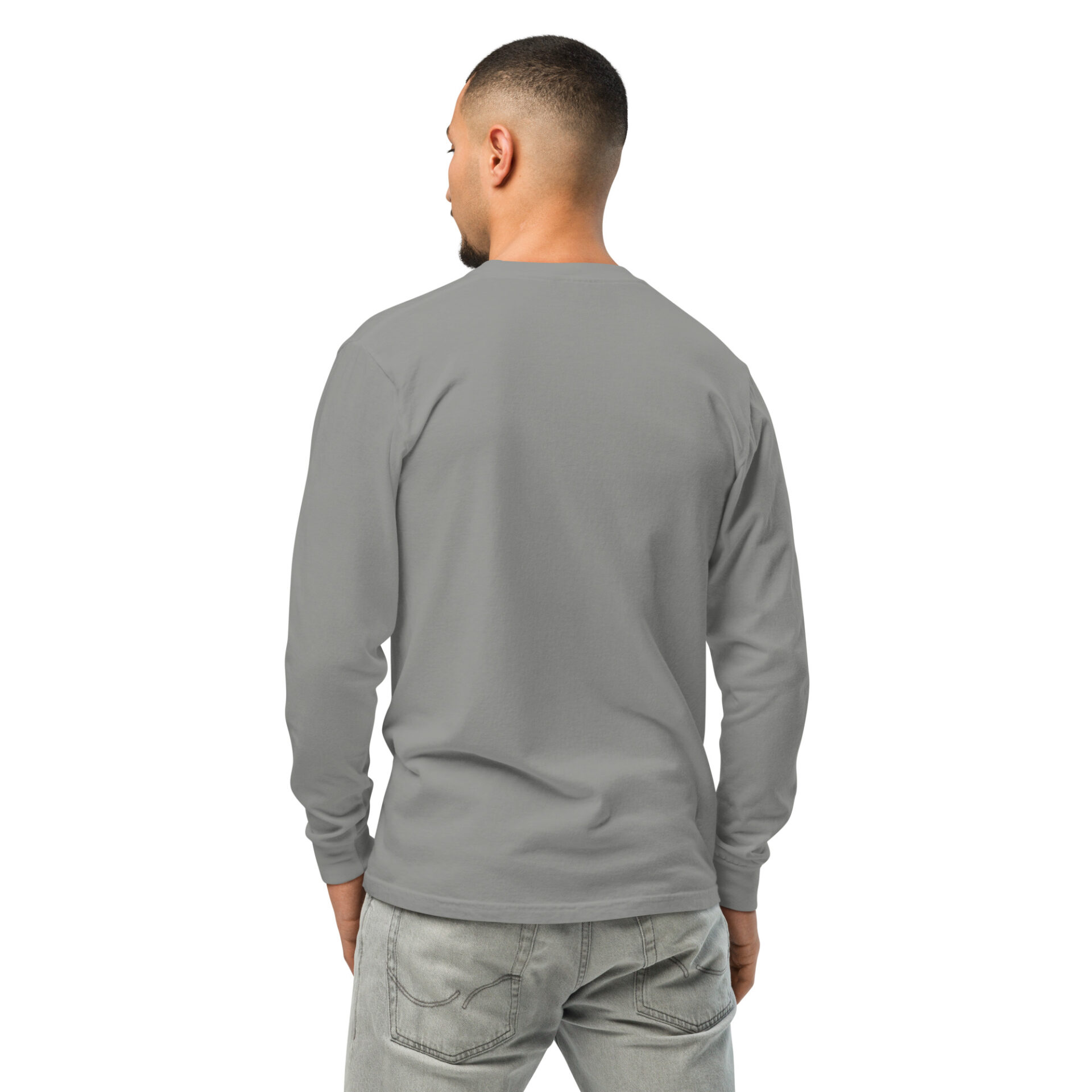 the back of a man wearing a grey long sleeve shirt
