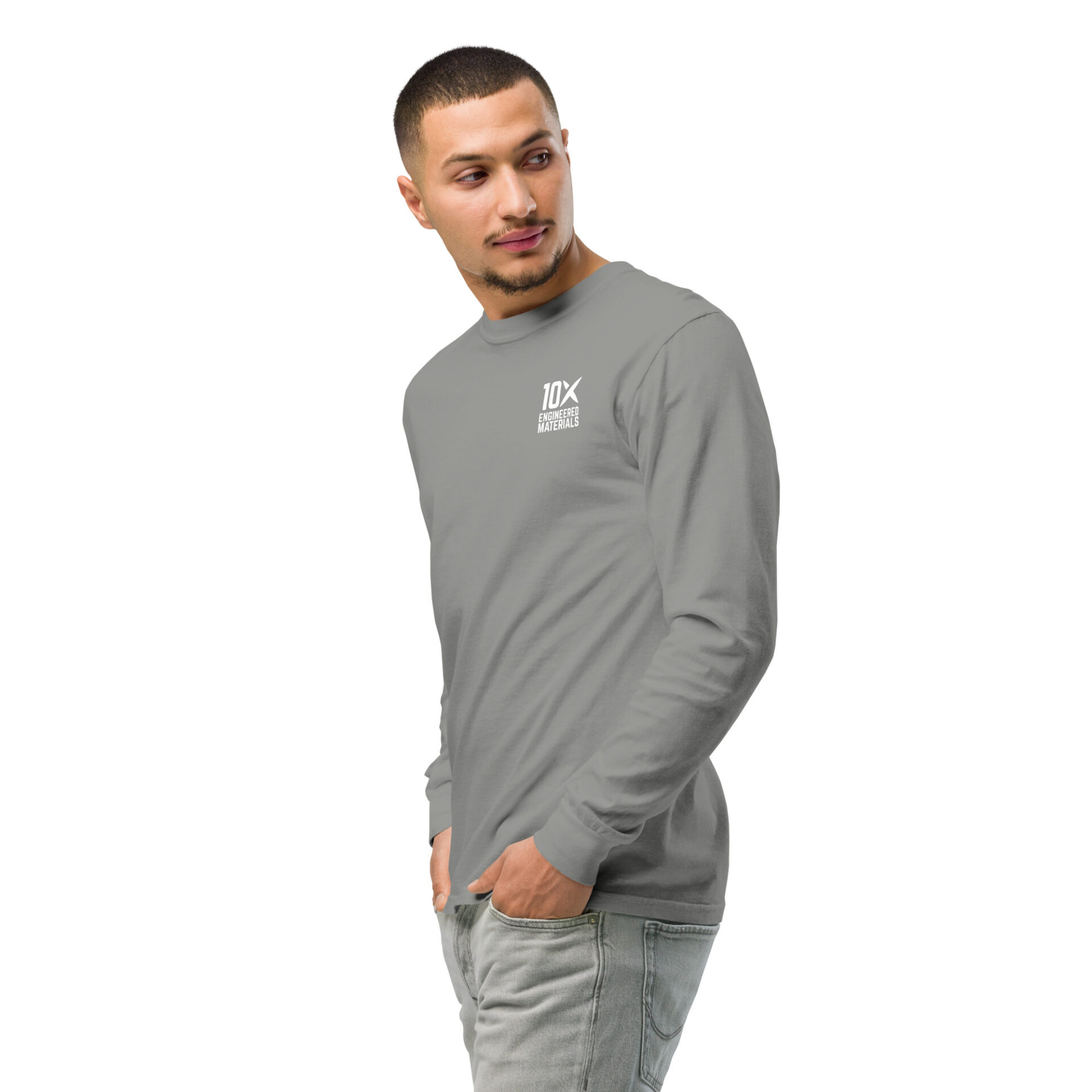 a man wearing a grey long sleeve shirt that has the 10X Engineered Materials logo on it in white