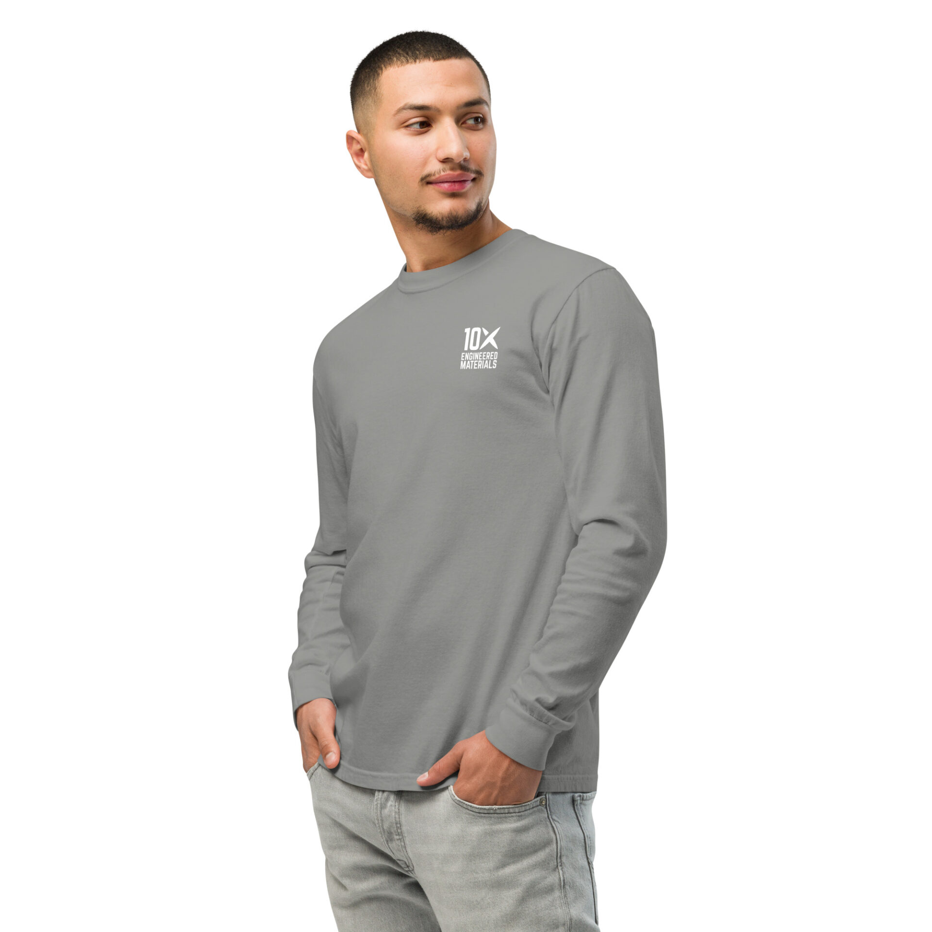 a man wearing a grey long sleeve shirt that has the 10X Engineered Materials logo on it in white