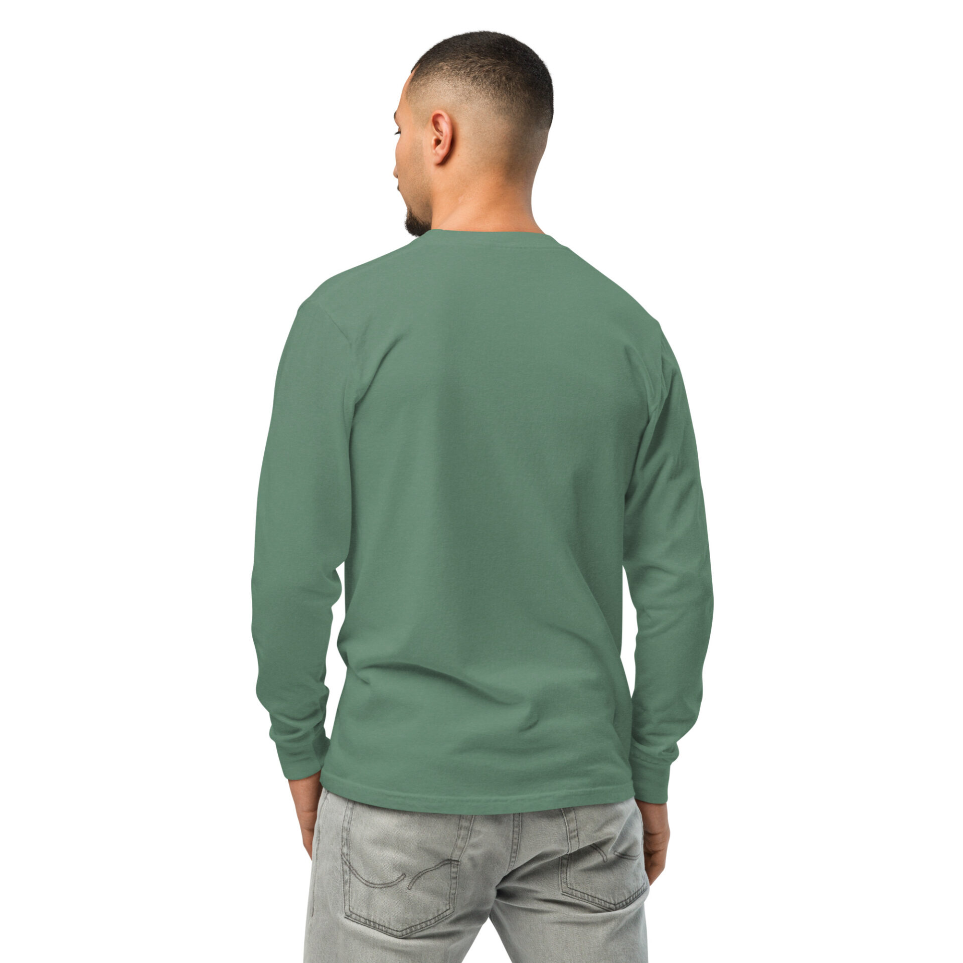the back of a man wearing a green long sleeve shirt