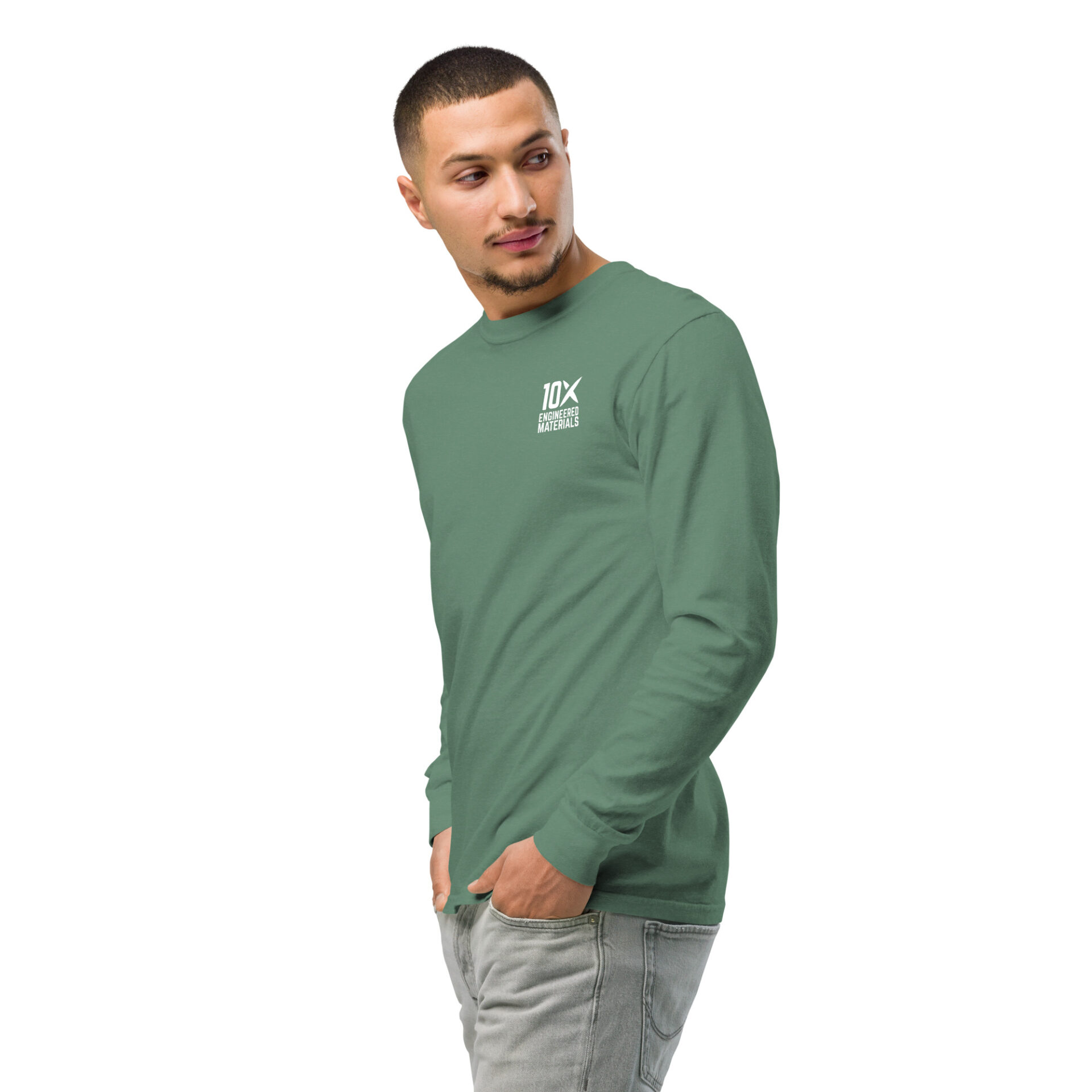 a man wearing a green long sleeve shirt that has the 10X Engineered Materials logo on it in white