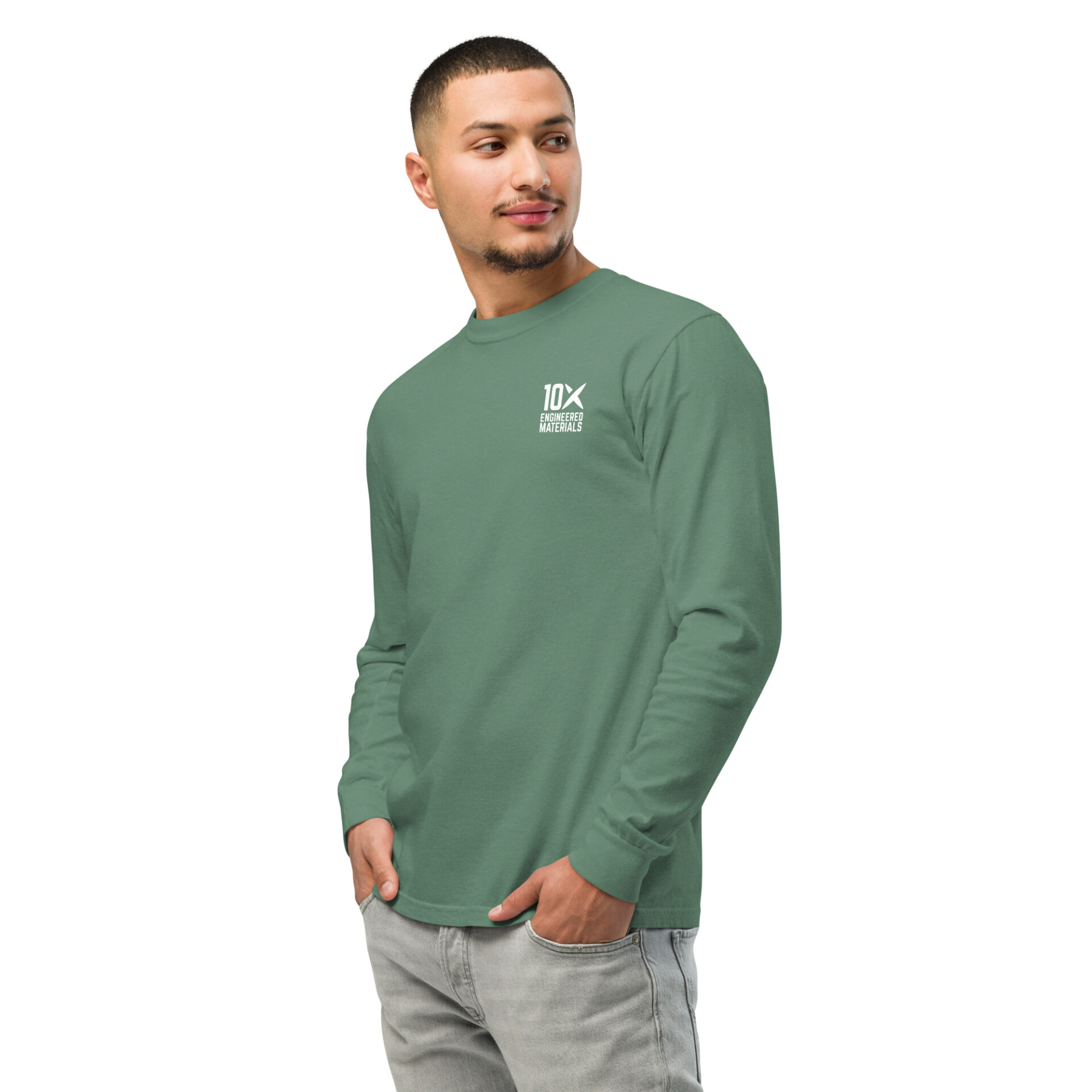 a man wearing a green long sleeve shirt that has the 10X Engineered Materials logo on it in white