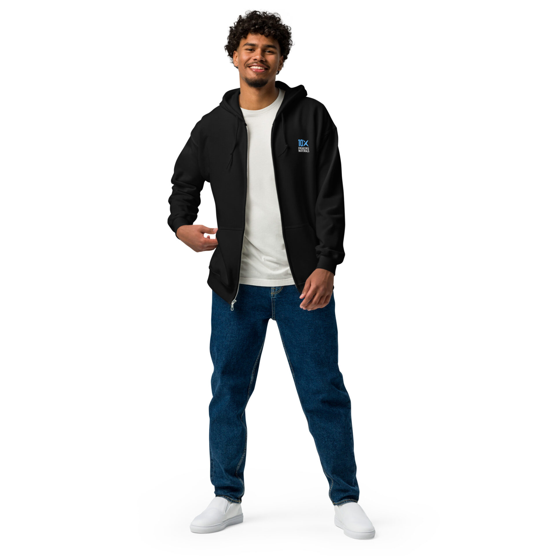 a man wearing a black zip up hoodie that has the 10X Engineered Materials logo on it