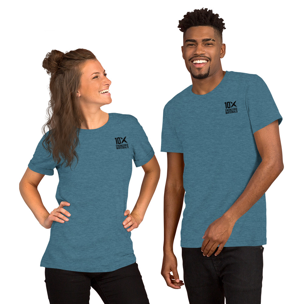 a man and a woman wearing blue heathered shirts that have the 10X Engineered Materials logo on it