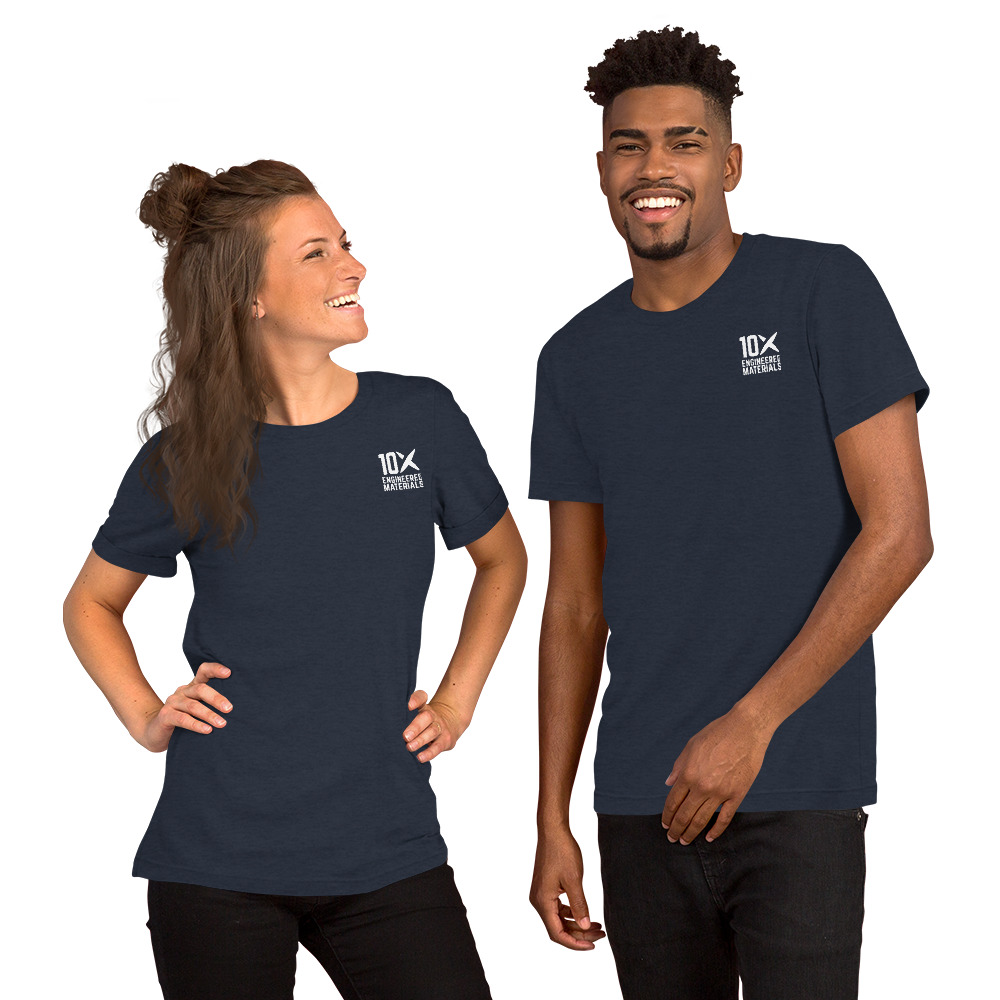 a man and a woman wearing navy shirts that have the 10X Engineered Materials logo on it